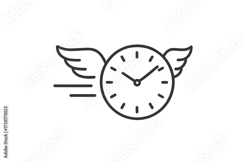 Flying clock icon vector illustration. Concept for time flies, rush, express delivery, business deadline, speed, urgency, quick service. Thin line art for time management.
