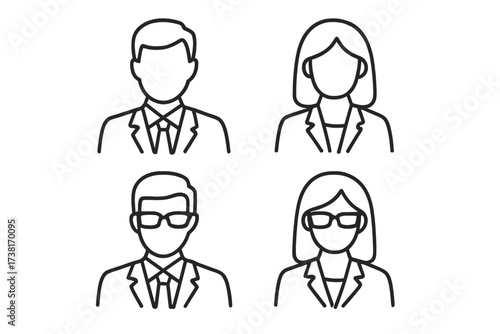 Business people line icon set. Male and female anonymous avatars. Man and woman faceless user profile pictures. Vector illustration of corporate office workers, team, staff.