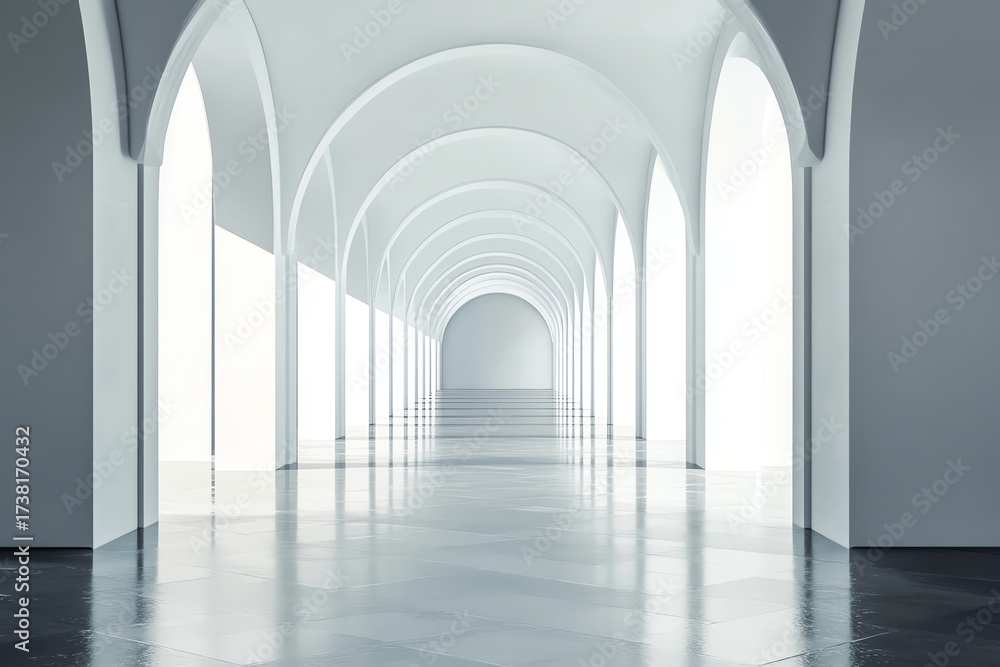 Obraz premium Abstract architectural background of endless corridor with repeating arches 3d rendering Minimalist hallway, long tunnel gallery