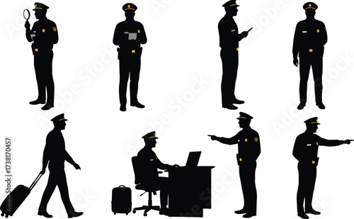 Customs officer silhouettes, border patrol vector, black graphic clipart, inspection and travel poses, document and laptop actions, uniformed personnel design
