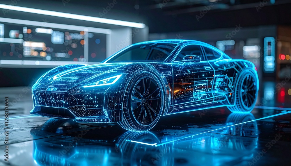 Obraz premium Futuristic concept car with a digital interface, illuminated with blue light, showcasing technology and innovation. A sleek, modern vehicle in a high-tech environment