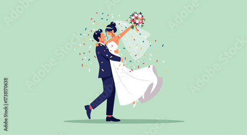 Happy newlywed couple celebrating with confetti after wedding ceremony.
