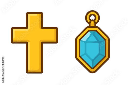 Gold cross and gem pendant icon set. Christian religious symbol of faith. Luxury jewelry with a blue diamond or sapphire. Vector graphic for church, belief, and precious stones.