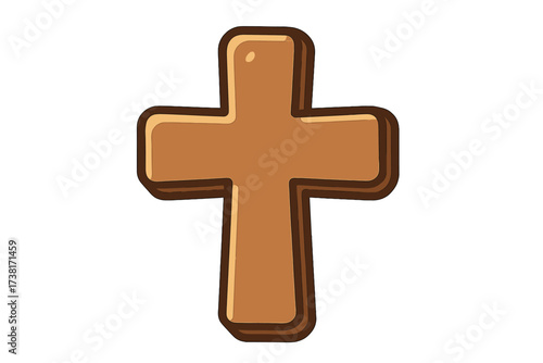 Wooden cross vector icon. Christian and Catholic religious symbol of faith and salvation. Cartoon illustration of a holy crucifix for Easter, church, and spiritual design concepts.