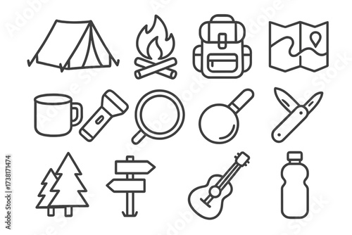 Camping and hiking icon set. Vector line art illustration of outdoor adventure essentials. Includes tent, campfire, backpack, map, and other travel equipment symbols.