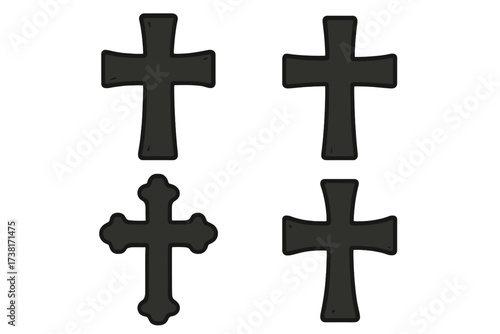 Set of four black cross icons. Christian, Catholic religious symbols collection. Vector silhouette illustration of various crucifix shapes for faith, spirituality, and gothic design.