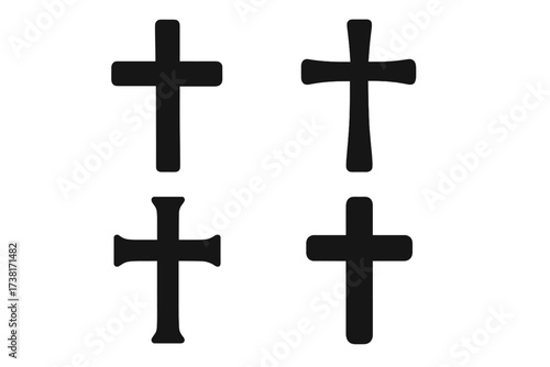 Christian cross silhouette vector icon set. Collection of different crucifix shapes. Symbol of christianity, faith, catholicism. God, Jesus, holy spirit. Church logo element.