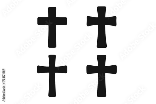 Set of black christian cross icons. Religious catholic crucifix symbol collection. Faith and spirituality concept. Graphic silhouette vector illustration for design element.