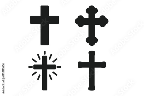 Christian cross silhouette vector icon set. Collection of religious symbols. Latin, catholic, and orthodox crucifix signs. Faith, spirituality, and church graphic design elements.