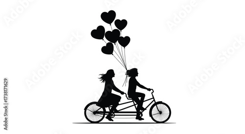 A couple rides a tandem bicycle with heart shaped balloons.