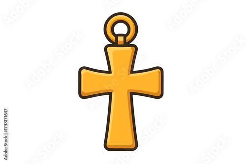 Golden cross pendant vector icon. Christian religious symbol of faith. Cartoon jewelry illustration. Necklace charm isolated. Spirituality, holy sign, crucifix design.