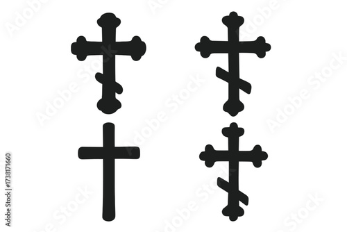 Christian cross icon set. Orthodox, Catholic & Byzantine religious symbols. Black silhouette vector illustration. Faith, spirituality, crucifix, Jesus sign. God, church element.