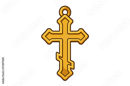 Golden Orthodox cross vector icon. Religious jewelry sign. Cartoon illustration of a crucifix pendant. Symbol of Christianity, faith, God, church, prayer. Isolated object.