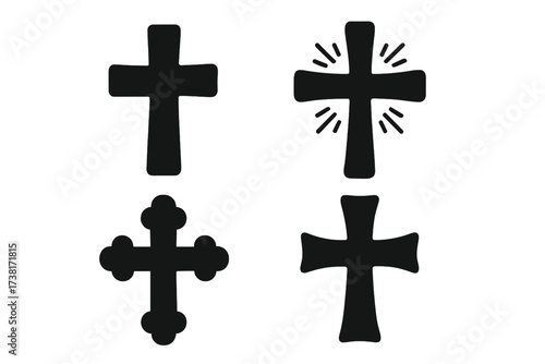 Christian cross vector icon set. Black silhouette collection of various religious shapes. Latin, orthodox, shining and decorative crucifix symbols. Faith and spirituality graphic pack.