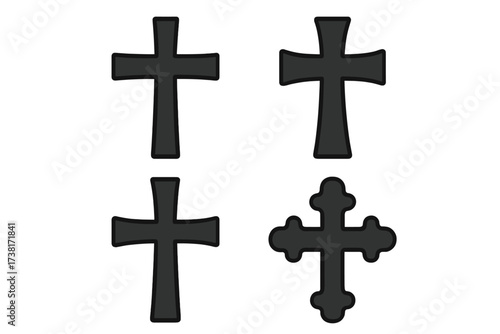 Set of Christian cross symbols. Black silhouette icons collection. Religious vector illustration. Faith, crucifix, and church concept. Isolated graphic design elements for Easter.