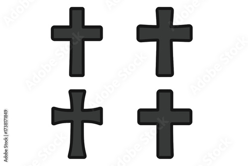 Set of black Christian cross symbols. A collection of religious icons in silhouette style. Vector illustration for concepts of faith, crucifix, and church. Graphic design elements.