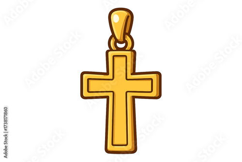 Golden cross necklace pendant. Christian religious symbol of faith. Cartoon vector illustration of a crucifix. Holy Catholic icon for Easter and church. Isolated spiritual jewelry.