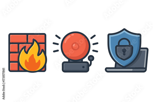 Cybersecurity vector icon set with firewall, alarm bell, and VPN protection shield. Flat cartoon illustration of digital security concepts like data safety and network defense.