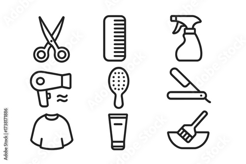 Minimalist hair salon & barber tools line icon set. Hairdressing equipment for styling, haircut, beauty care. Vector collection: scissors, comb, dryer, brush, razor, dye bowl.