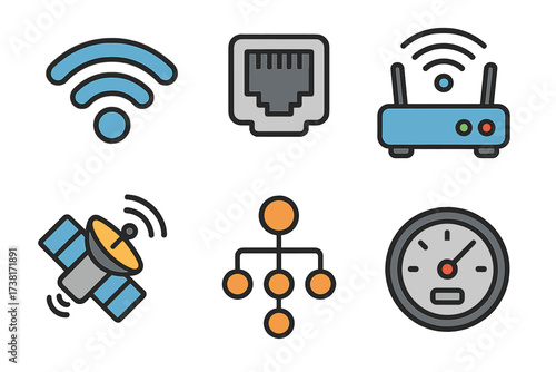 Connectivity icons. Internet connection. Wi-fi, ethernet, router, satellite, network, speed test. Technology symbol set. Vector line art. Wireless communication. Data.