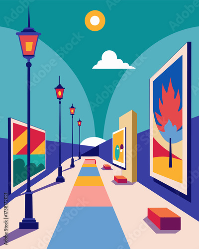 An eclectic mix of contemporary and traditional artwork displayed at an outdoor gallery powered by stylish solarpowered lampposts.. Vector illustration