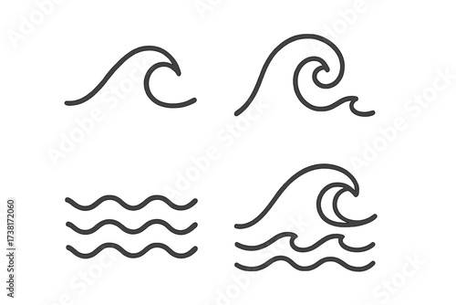 Wave line icon set. Ocean sea water abstract symbol collection. Simple linear outline logo element for surf, beach, and nautical design. Minimalist splash and flow vector.