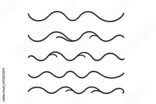 Set of simple wavy lines. Minimalist sea wave and ocean flow symbols. Abstract water ripple collection. Vector graphic element for dividers, borders, and decoration.