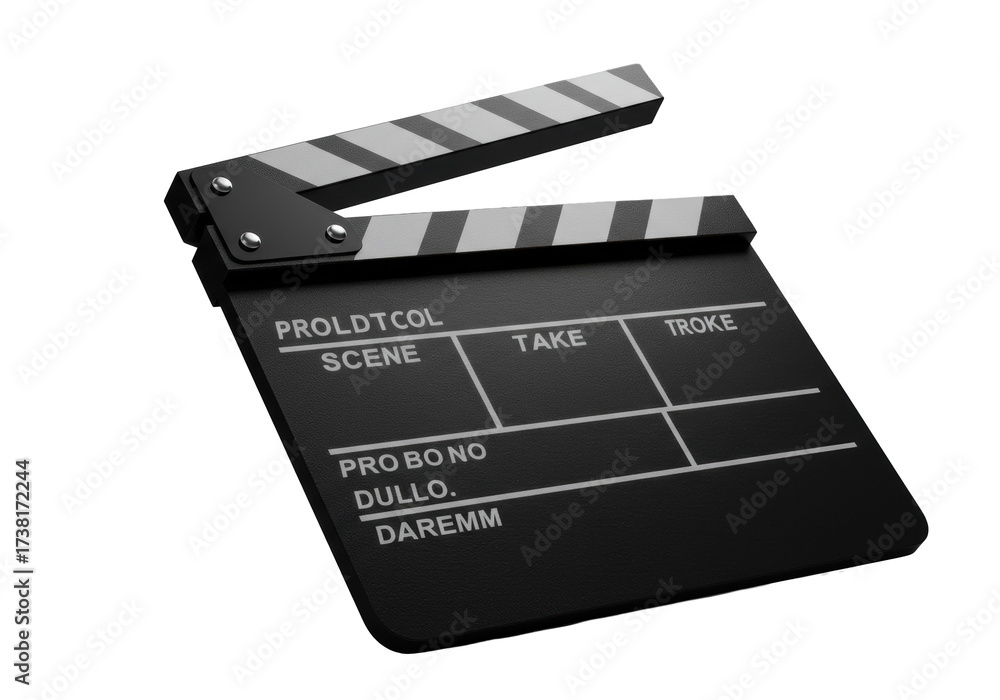 Obraz premium Black film clapperboard, matte finish, striped arm slightly ajar, metallic hinges, blank white text fields, isolated on transparent background with soft shadow, high-contrast studio lighting, concept