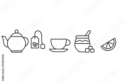 Minimalist line icons for tea time. Vector set includes teapot, teabag, cup, saucer, honey, sugar cubes, lemon. Outline drawing for cafe, beverage, and breakfast menu design.