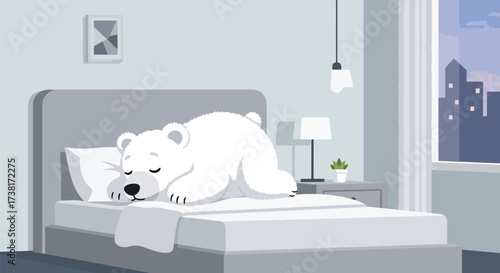 illustration of a polar bear sleeping hibernation on a modern bed in a bright bedroom with large windows, symbolizing comfort, relaxation, and peaceful rest for lifestyle and wellness concepts