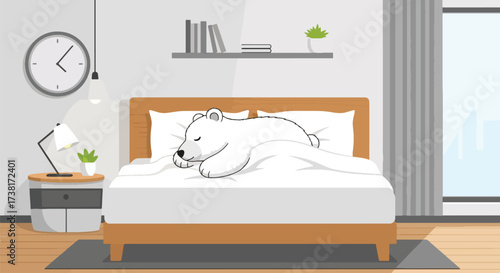illustration of a polar bear sleeping hibernation on a modern bed in a bright bedroom with large windows, symbolizing comfort, relaxation, and peaceful rest for lifestyle and wellness concepts