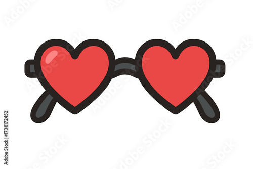 Red heart shaped sunglasses vector icon. Cute cartoon illustration for Valentine's Day. Flat design love symbol for romance, party or summer fashion accessory on white background.