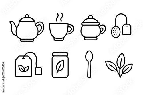 Tea icons set simple line art collection. Vector outline graphic elements for cafe menu. Teapot, cup, teabag, leaf, spoon, infuser symbols for hot drink and beverage.