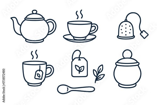 Tea set icon collection. Simple line art symbols. Teapot, cup, mug, spoon, infuser. Hot drink, beverage graphic elements. Vector illustration for cafe menu. Kitchenware.