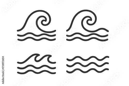 Set of wave icons. Line art water symbol collection. Sea and ocean waves vector illustration. Minimalist flow and ripple signs. Abstract surf and aqua graphic elements.