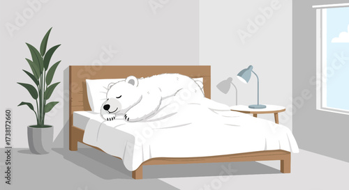 illustration of a polar bear sleeping hibernation on a modern bed in a bright bedroom with large windows, symbolizing comfort, relaxation, and peaceful rest for lifestyle and wellness concepts