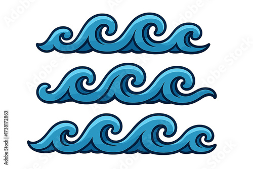 Blue wave vector icon set. Water, sea, ocean symbol collection. Stylized cartoon illustration for surf and nautical design. Seamless aqua flow ripple border element.