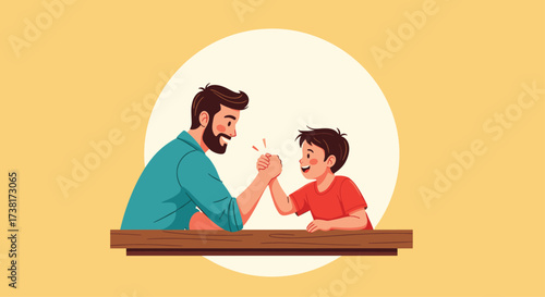 Father and son arm wrestling playfully on a table.