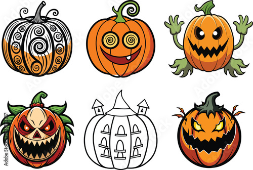 Spooky set of Halloween pumpkins with scary faces, a cartoon vector illustration for an October holiday celebration