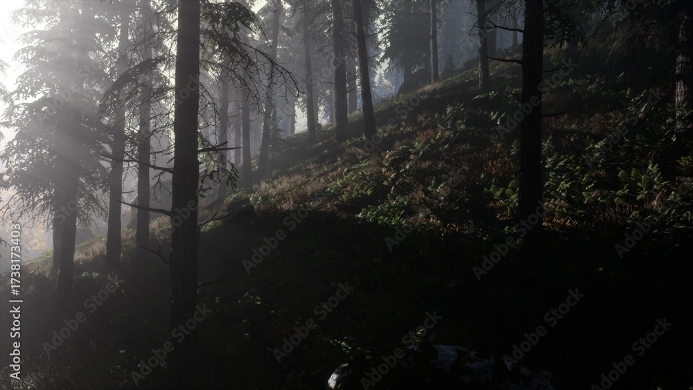 Obraz premium Soft mist blankets the forest as golden sunlight trickles through towering pine trees. Shadows dance across the woodland floor, highlighting delicate ferns. Nature awakens in tranquil beauty.