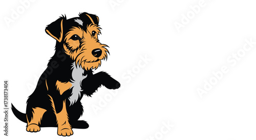 A cute black and tan terrier puppy gives a paw.