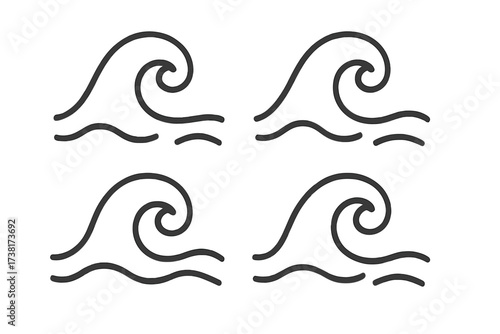Minimalist wave symbol set in linear style, ocean water sign icons, simple vector cartoon illustrations with transparent background, abstract sea wave design for beach, surfing, marine themes