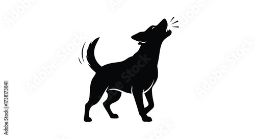 A silhouette of a dog howling with its tail wagging.