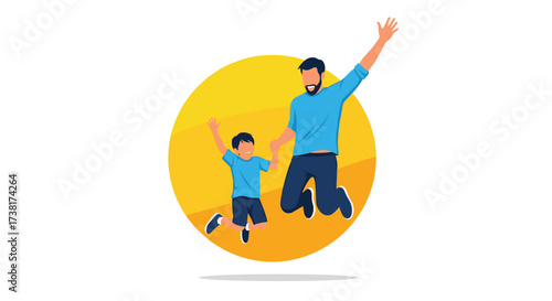 Father and son jumping with joy in the sun.