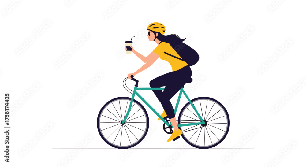 Naklejka premium Woman riding a bicycle while holding a coffee cup and wearing a backpack.