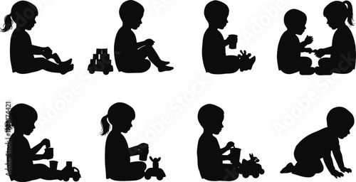 Children playing silhouette vector, toddler activity icons, black and white design, early childhood interaction, minimal toy illustration set