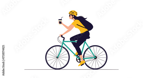 Woman riding a bicycle while holding a coffee cup and wearing a backpack.