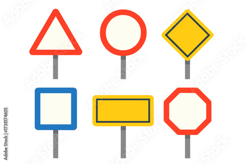 Collection of blank road signs with various shapes and colors for custom messages