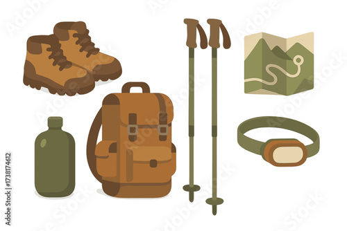 Essential hiking and camping gear collection with boots, backpack, poles, map, and headlamp