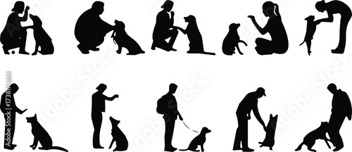 Dog training silhouette vector, human and pet interaction poses, black and white design, minimal obedience illustration, playful companion icon